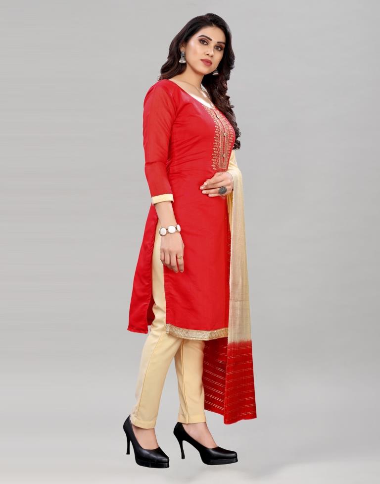 Attractive Red Chanderi Silk Embroidered Unstitched Salwar Suit | Sudathi