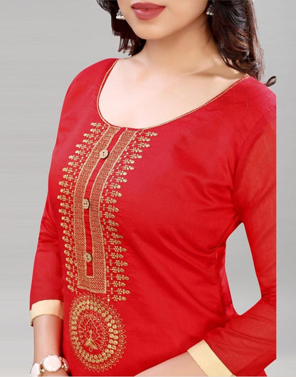 Attractive Red Chanderi Silk Embroidered Unstitched Salwar Suit | Sudathi