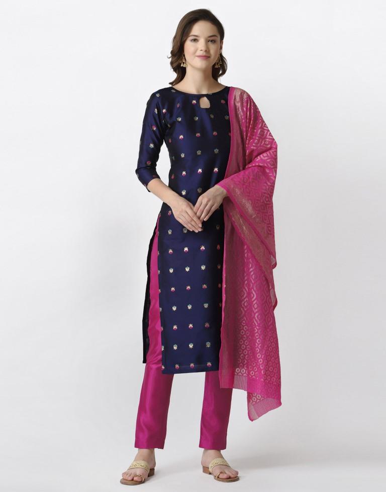 Enthralling Navy Blue Banarasi Silk Jacquard Unstitched Salwar Suit | Sudathi