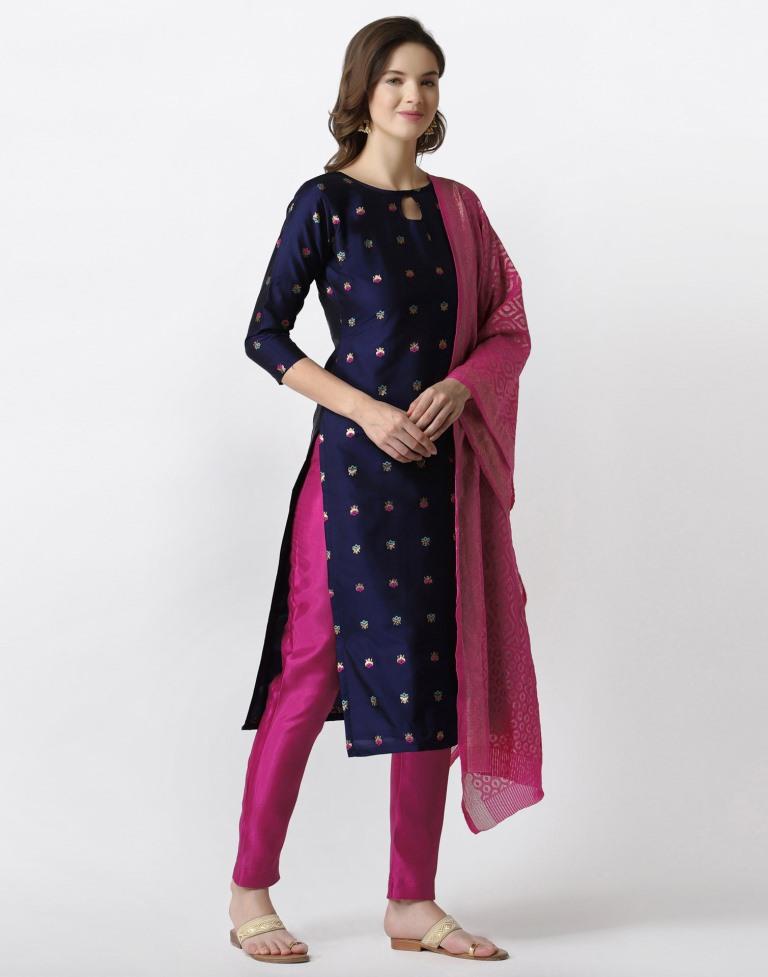 Enthralling Navy Blue Banarasi Silk Jacquard Unstitched Salwar Suit | Sudathi