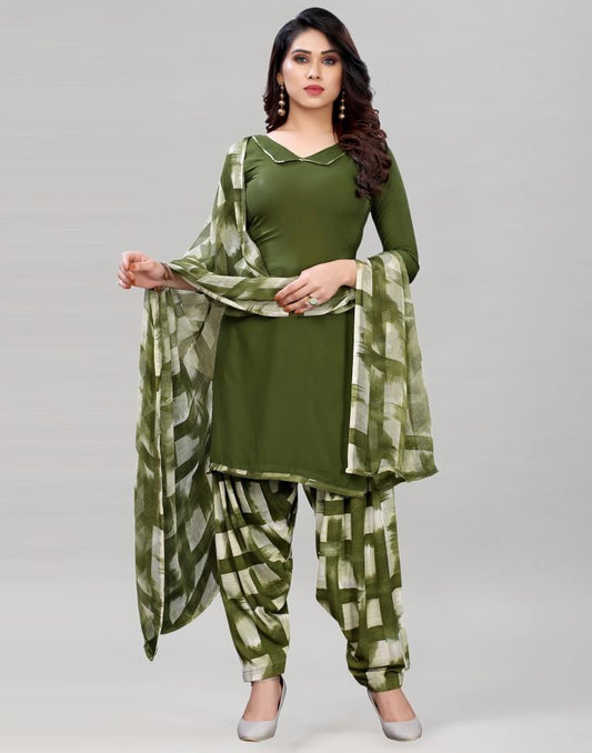 Ethnic Dark Olive Green Printed Unstitched Salwar Suit | Sudathi