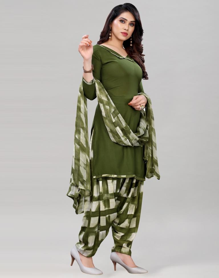 Ethnic Dark Olive Green Printed Unstitched Salwar Suit | Sudathi