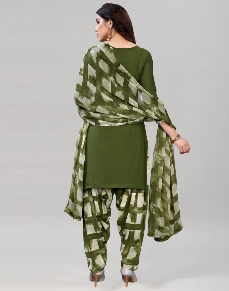 Ethnic Dark Olive Green Printed Unstitched Salwar Suit | Sudathi