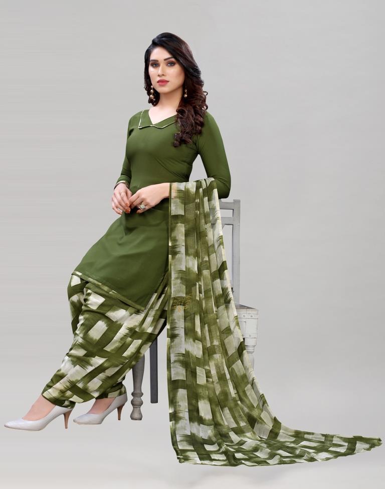 Ethnic Dark Olive Green Printed Unstitched Salwar Suit | Sudathi