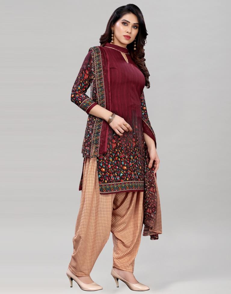 Ambitious Maroon Printed Unstitched Salwar Suit | Sudathi