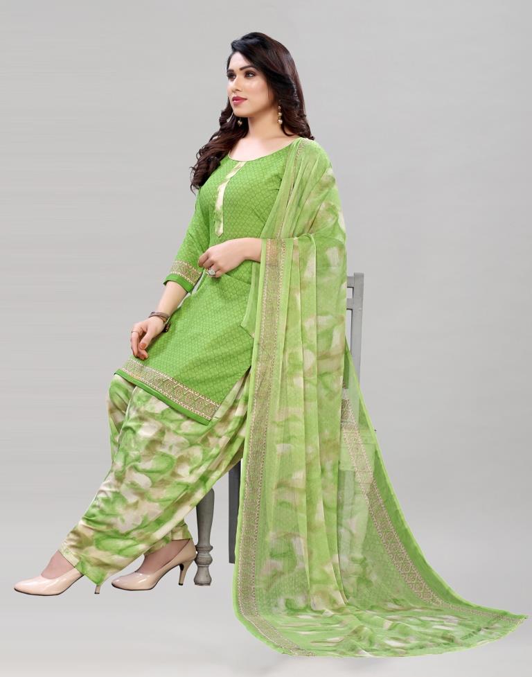 Dreamy Parrot Green Printed Unstitched Salwar Suit | Sudathi