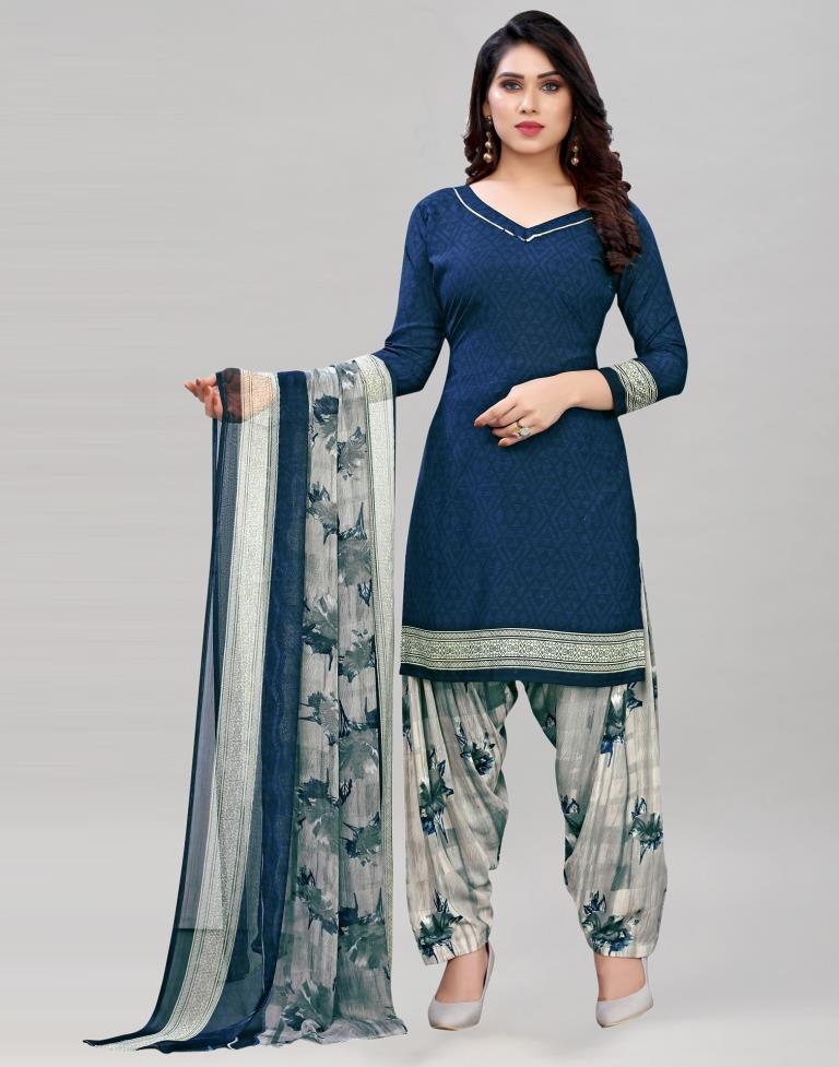 Classic Navy Blue Printed Unstitched Salwar Suit | Sudathi