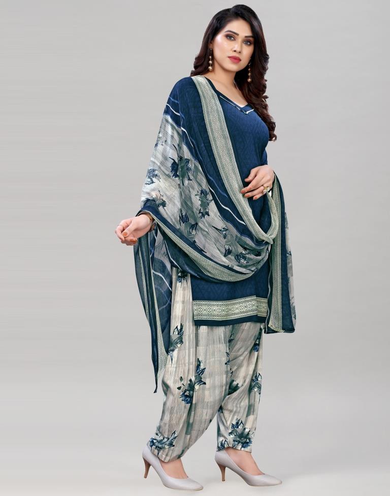 Classic Navy Blue Printed Unstitched Salwar Suit | Sudathi