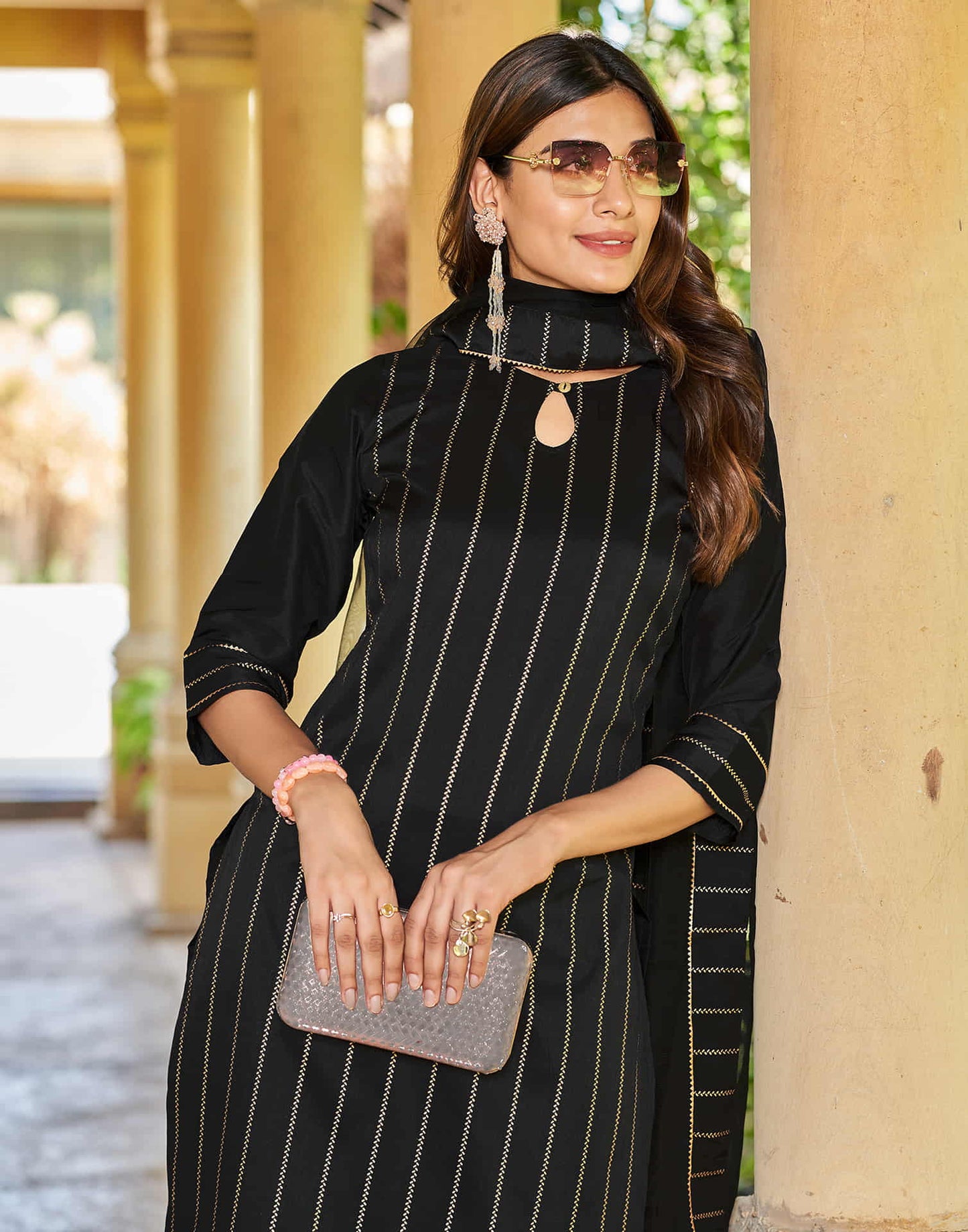 Black Printed Rayon Straight Kurta With Pant And Dupatta