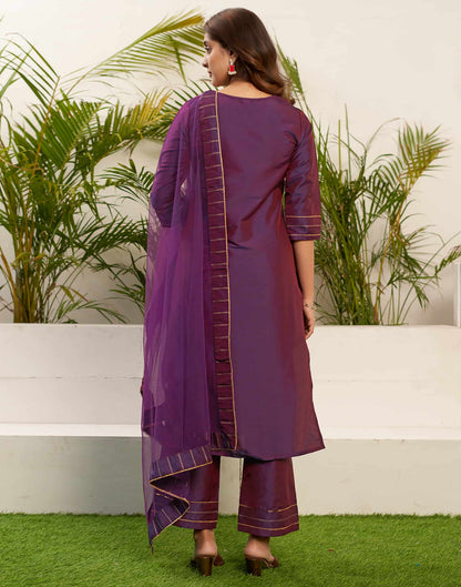 Deep Purple Printed Rayon Straight Kurta With Pant And Dupatta