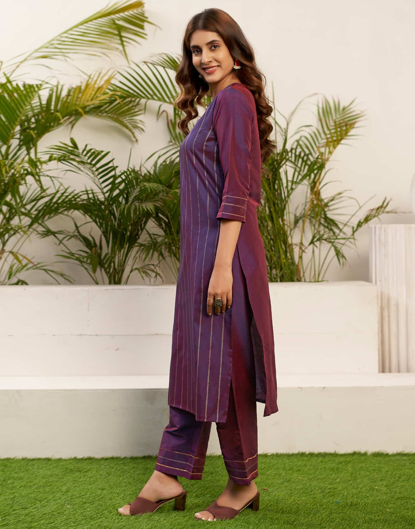 Deep Purple Printed Rayon Straight Kurta With Pant And Dupatta