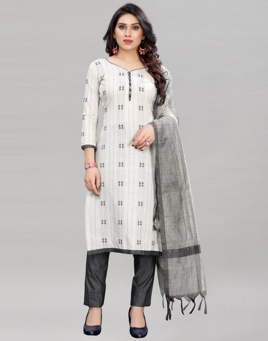 Classy White Cotton Self Woven Unstitched Salwar Suit | Sudathi