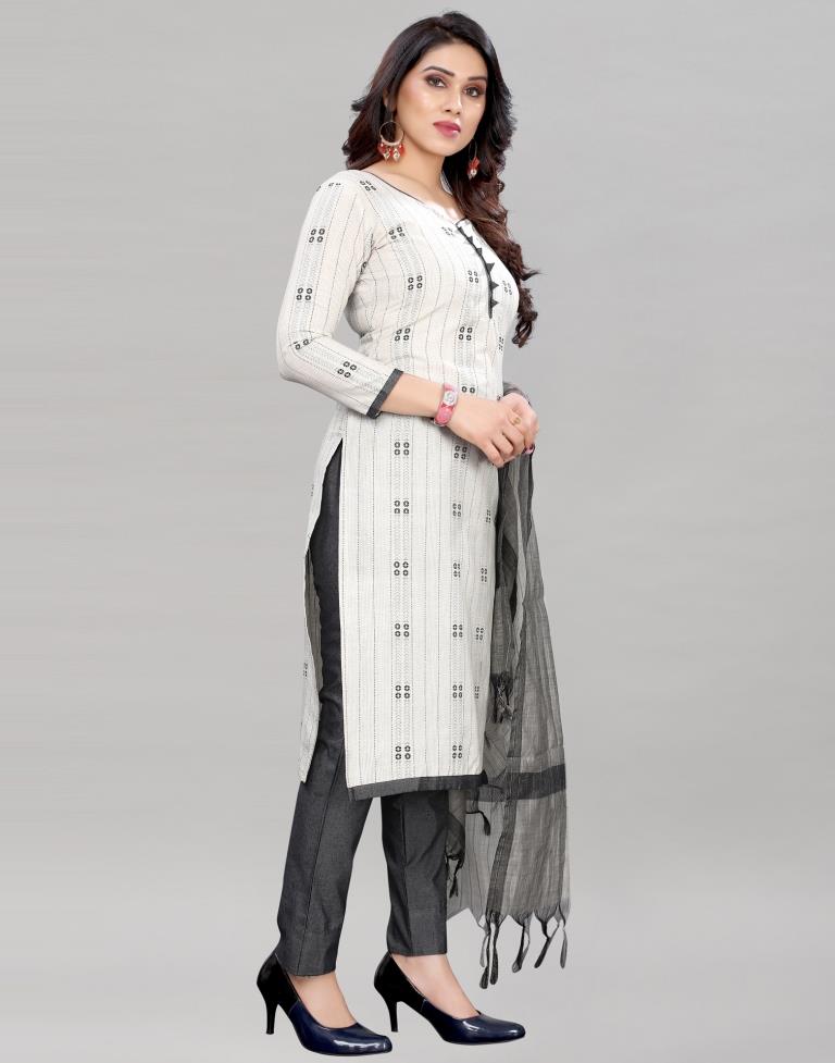 Classy White Cotton Self Woven Unstitched Salwar Suit | Sudathi