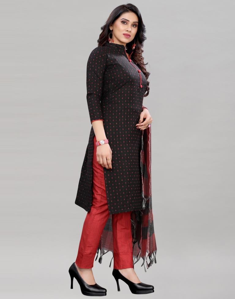 Designer Black Cotton Self Woven Unstitched Salwar Suit | Sudathi