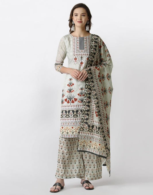 Aesthetic Off White Cotton Printed Unstitched Salwar Suit | Sudathi