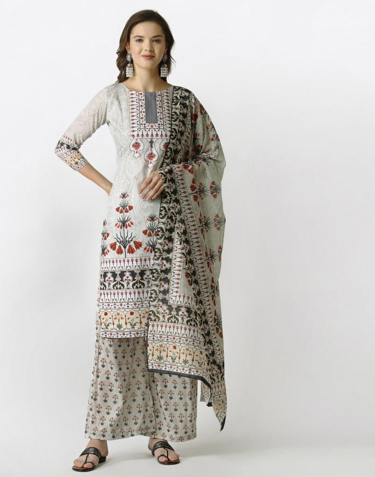 Aesthetic Off White Cotton Printed Unstitched Salwar Suit | Sudathi