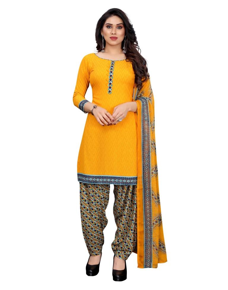 Charming Turmeric Yellow Printed Unstitched Salwar Suit | Sudathi