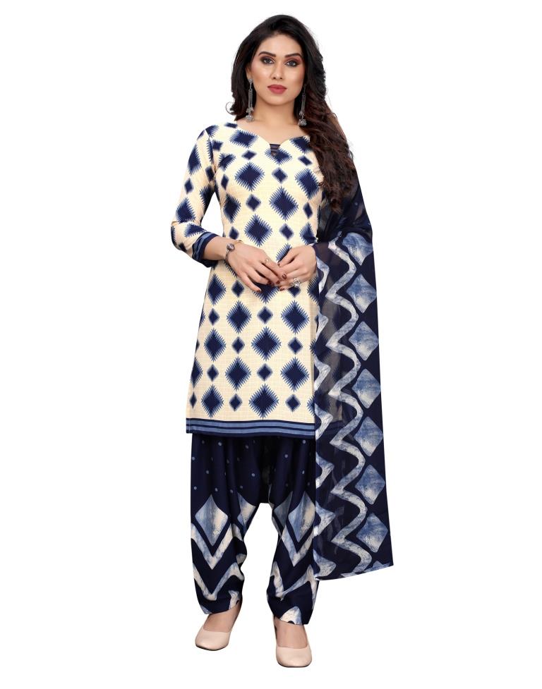 Dazzling Cream Printed Unstitched Salwar Suit | Sudathi