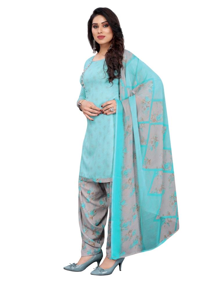 Blooming Aqua Blue Printed Unstitched Salwar Suit | Sudathi