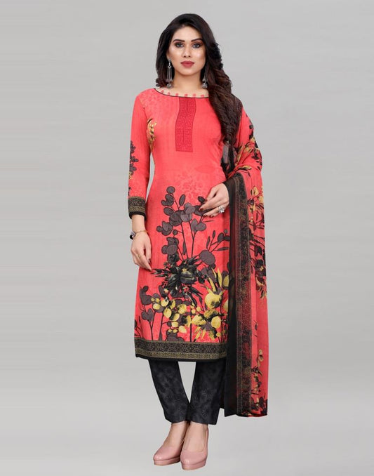 Affluent Watermelon Pink Printed Unstitched Salwar Suit | Sudathi