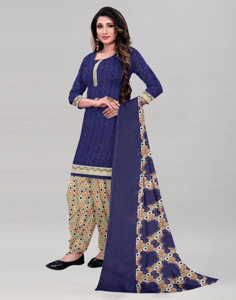 Precious Navy Blue Printed Unstitched Salwar Suit | Sudathi
