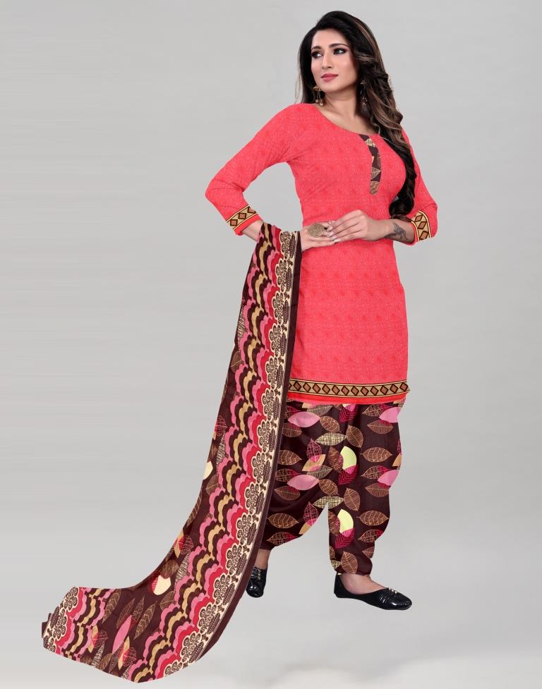 Vintage Watermelon Pink Printed Unstitched Salwar Suit | Sudathi