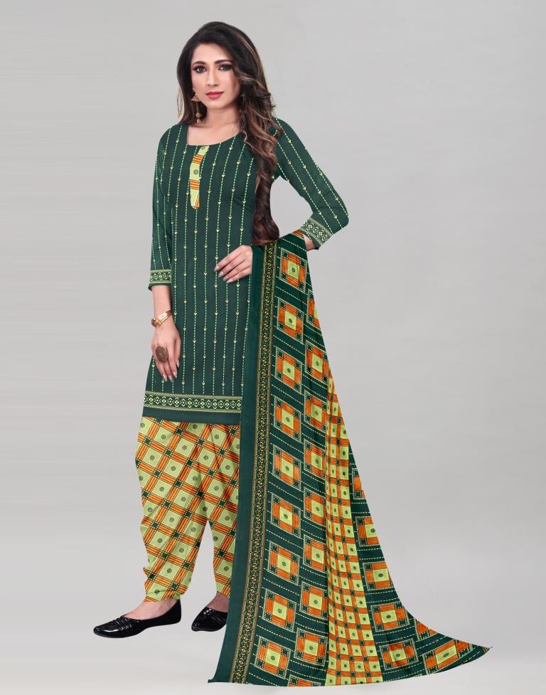 Glistening Dark Green Printed Unstitched Salwar Suit | Sudathi