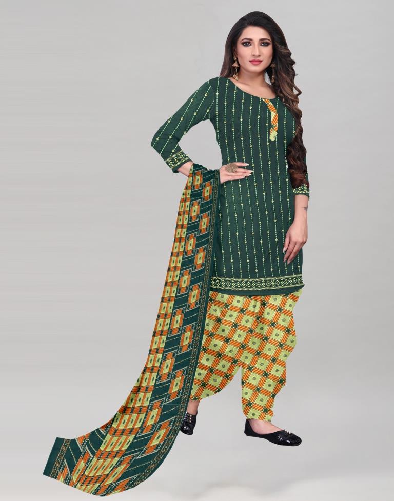 Glistening Dark Green Printed Unstitched Salwar Suit | Sudathi