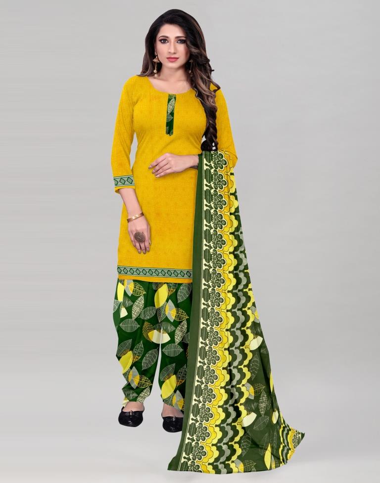 Gleaming Yellow Printed Unstitched Salwar Suit | Sudathi