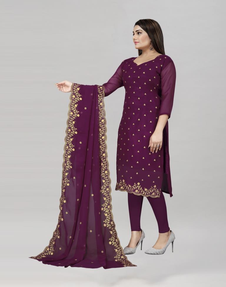 Flamboyant Wine Georgette Embroidered Unstitched Salwar Suit | Sudathi