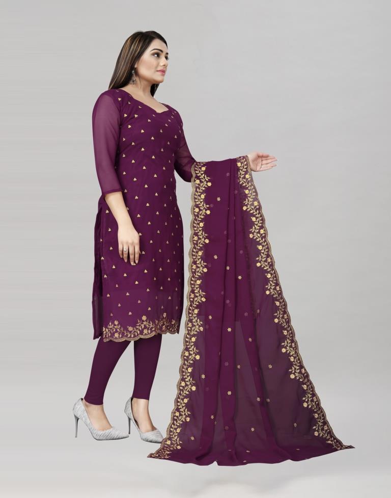 Flamboyant Wine Georgette Embroidered Unstitched Salwar Suit | Sudathi