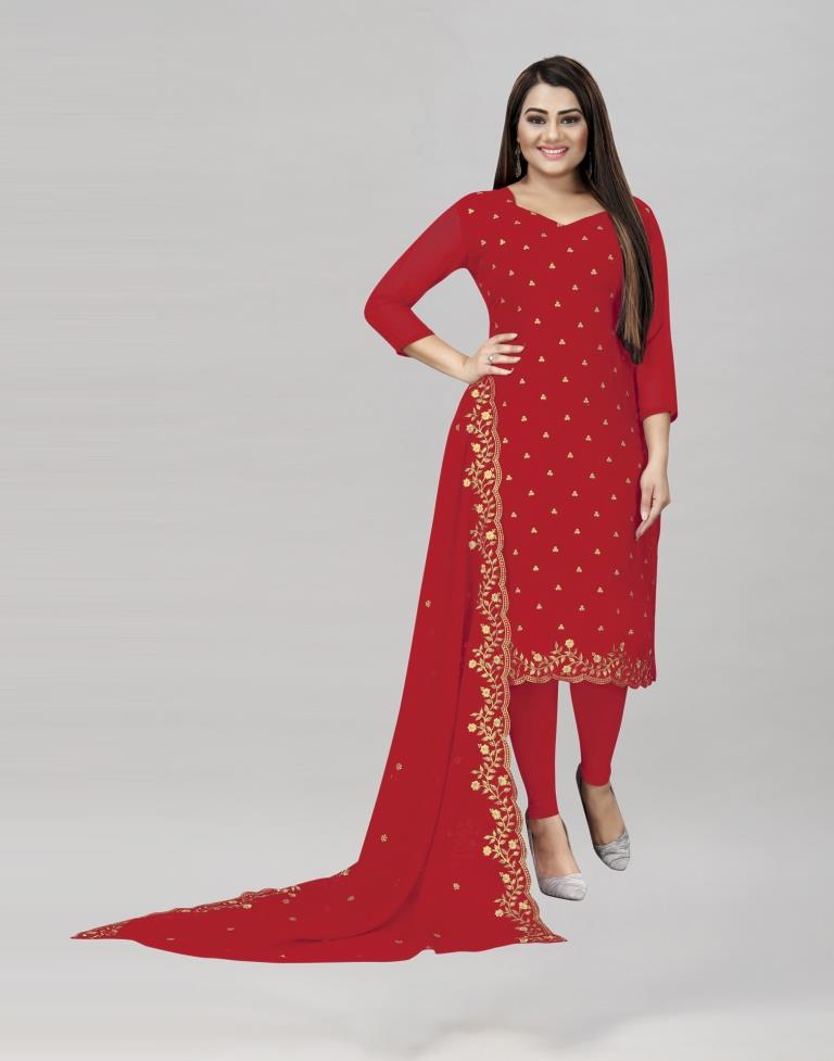 Lustrous Red Georgette Embroidered Unstitched Salwar Suit | Sudathi