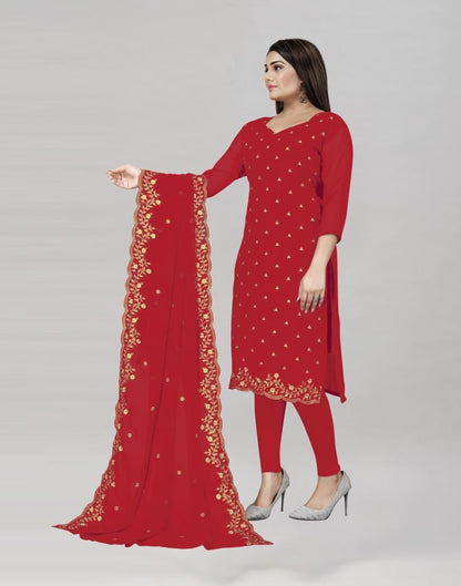 Lustrous Red Georgette Embroidered Unstitched Salwar Suit | Sudathi