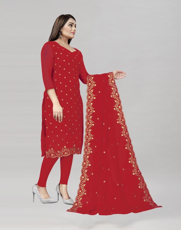 Lustrous Red Georgette Embroidered Unstitched Salwar Suit | Sudathi