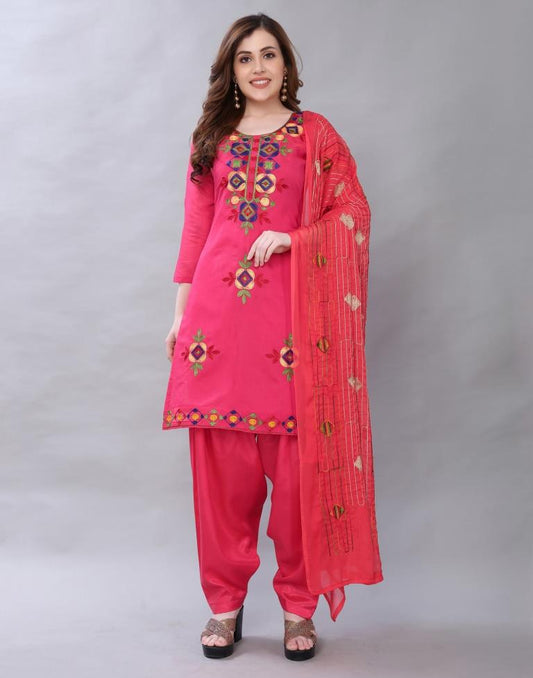 Amazing Pink Cotton Embroidered Unstitched Salwar Suit | Sudathi