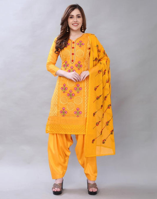 Alluring Turmeric Yellow Cotton Embroidered Unstitched Salwar Suit | Sudathi