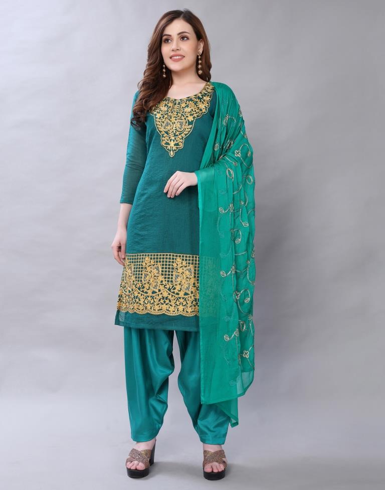 Enriching Rama Cotton Embroidered Unstitched Salwar Suit | Sudathi