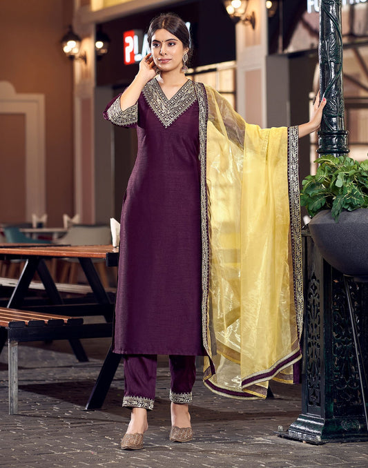 Wine Plain Silk Straight Kurta With Pant And Dupatta