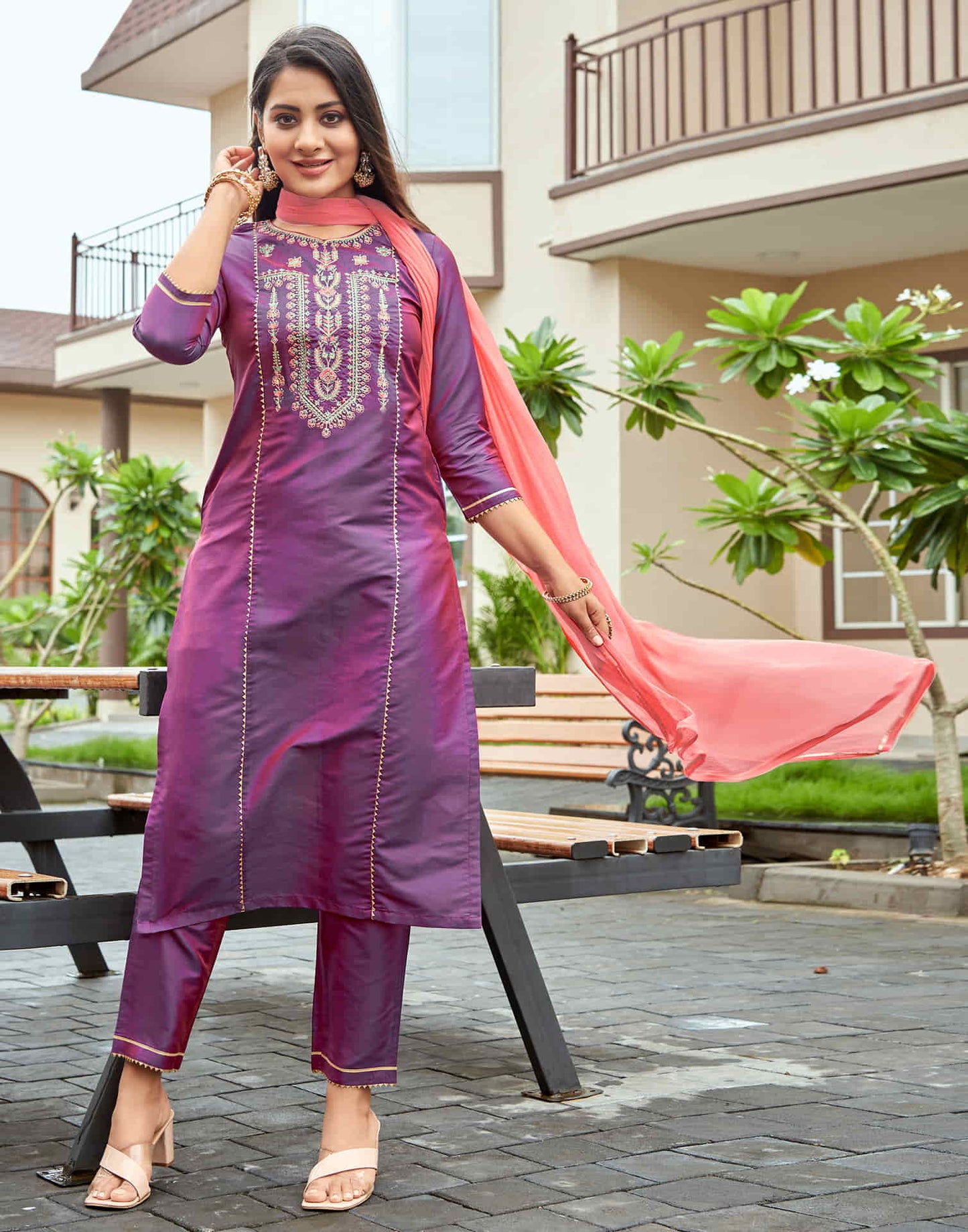 Dark Magenta Embroidery Rayon Straight Kurta With Pant And Dupatta