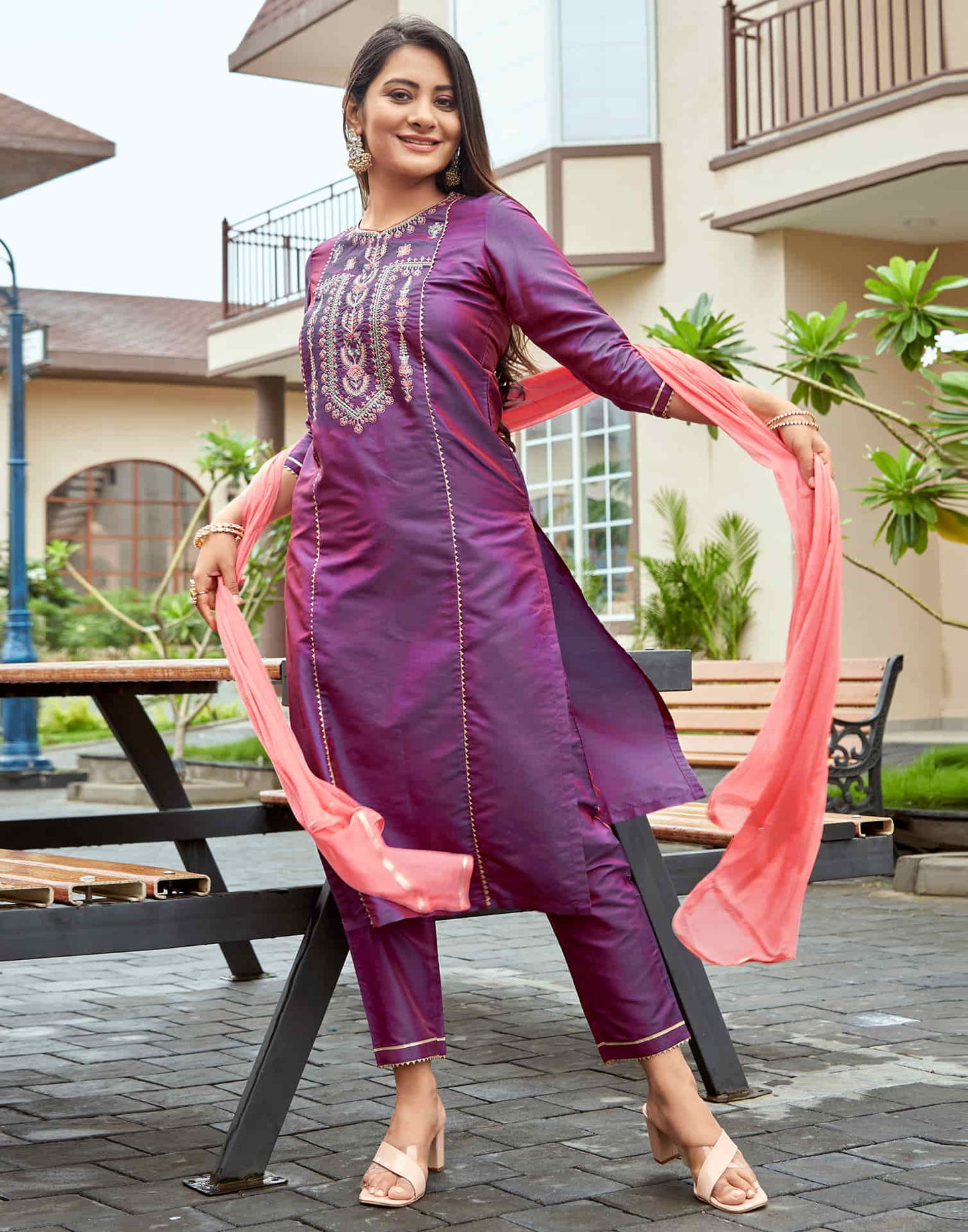 Dark Magenta Embroidery Rayon Straight Kurta With Pant And Dupatta