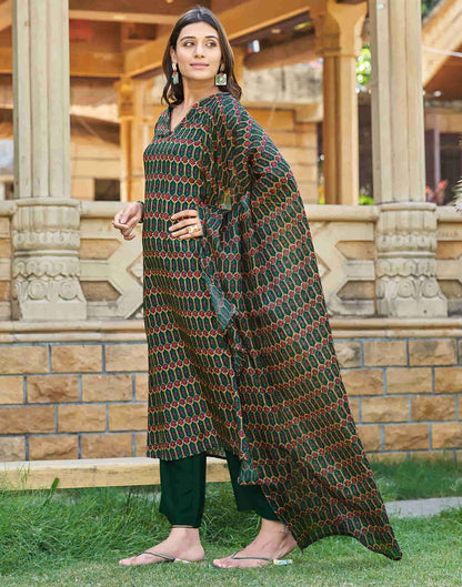 Dark Green Printed Silk A-Line Kurta With Pant And Dupatta