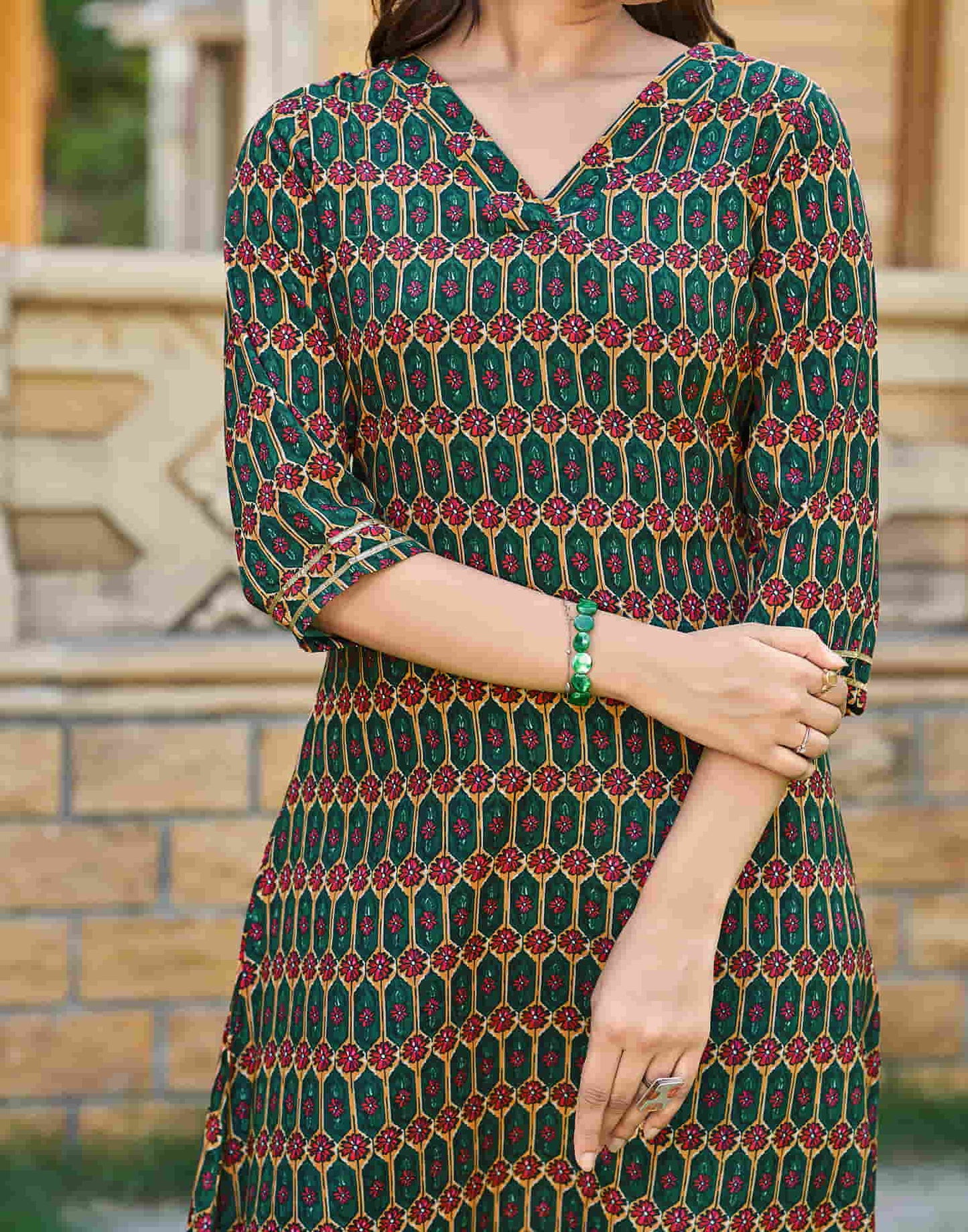 Dark Green Printed Silk A-Line Kurta With Pant And Dupatta