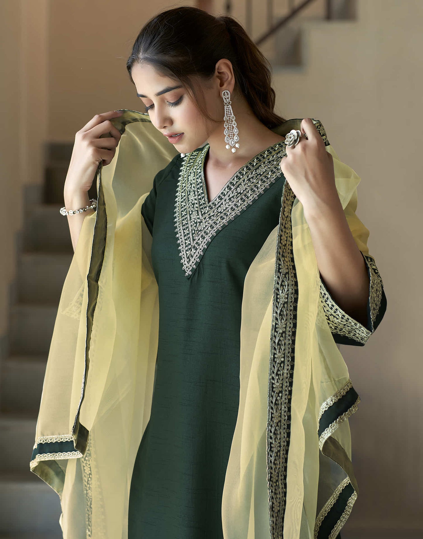 Dark Green Sequence Silk Straight Kurta With Pant And Dupatta