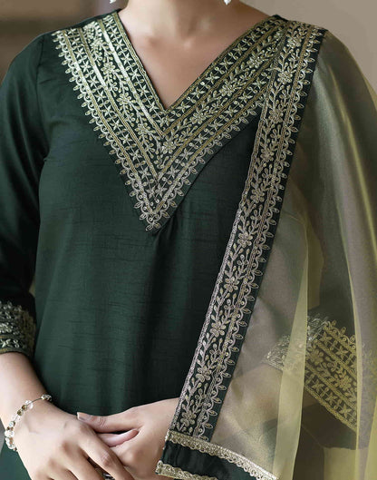 Dark Green Sequence Silk Straight Kurta With Pant And Dupatta