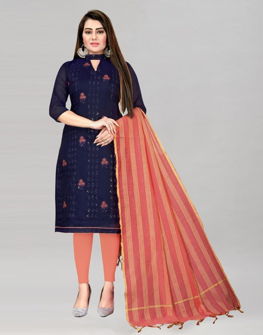 Adorable Navy Blue Chanderi Cotton Embroidered Unstitched Salwar Suit | Sudathi