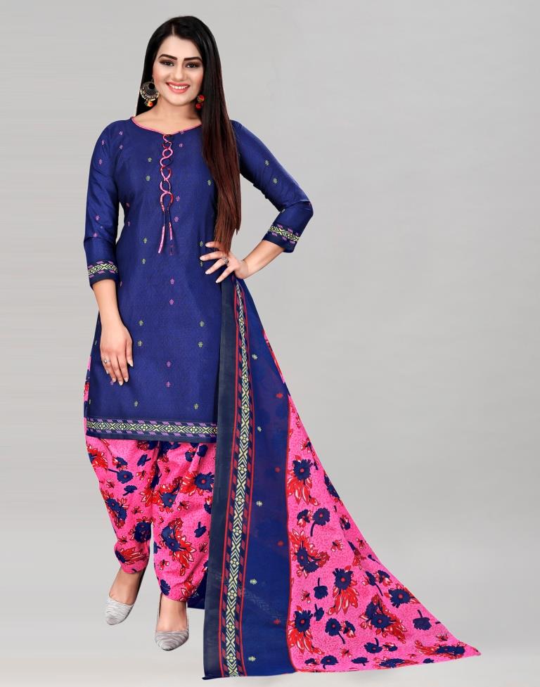 Creative Navy Blue Cotton Printed Unstitched Salwar Suit | Sudathi