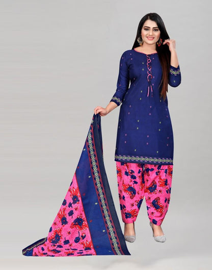 Creative Navy Blue Cotton Printed Unstitched Salwar Suit | Sudathi