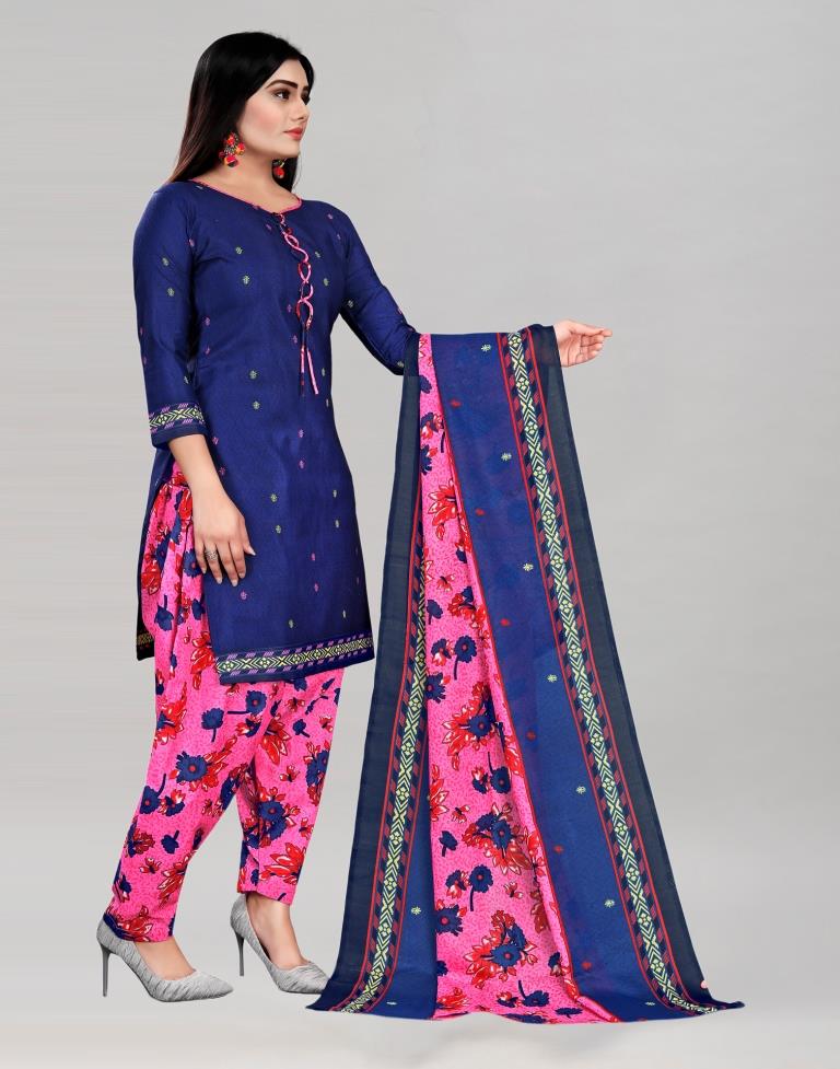 Creative Navy Blue Cotton Printed Unstitched Salwar Suit | Sudathi