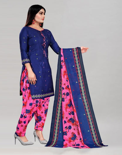 Creative Navy Blue Cotton Printed Unstitched Salwar Suit | Sudathi