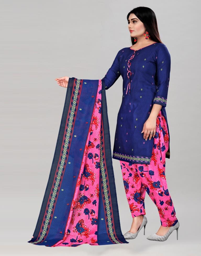 Creative Navy Blue Cotton Printed Unstitched Salwar Suit | Sudathi